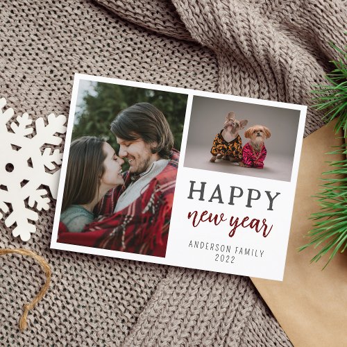 Modern Script Two Photo Family Happy New Year Postcard