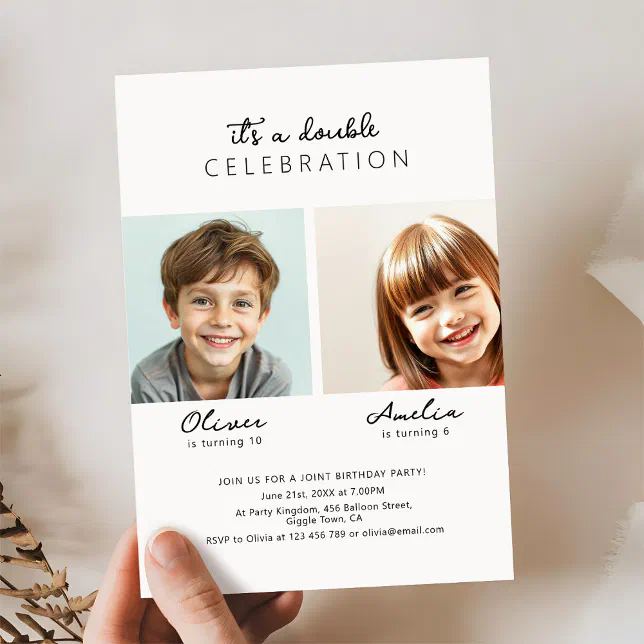 Two Parts Invitation Modern Script Two Photo Joint Birthday Party Invitation | Zazzle