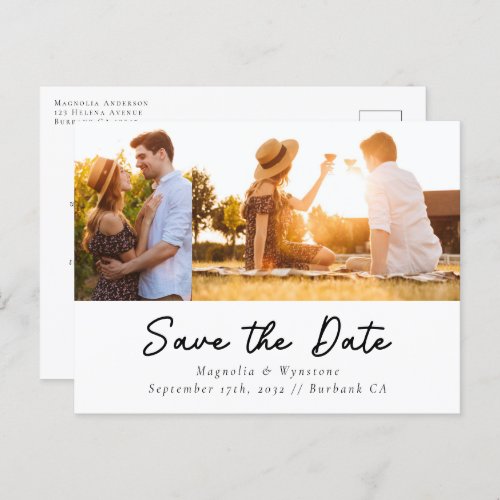 Modern Script Two Photo Wedding  Save The Date Postcard