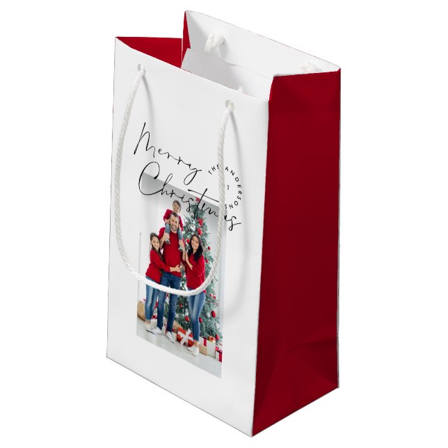 Modern script typography 1 photo Christmas Holiday Small Gift Bag (Back Angled)