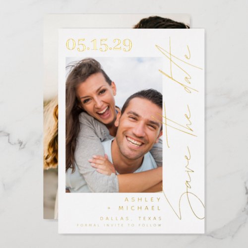 Modern Script Typography 2 Photo Save the Date Foil Invitation