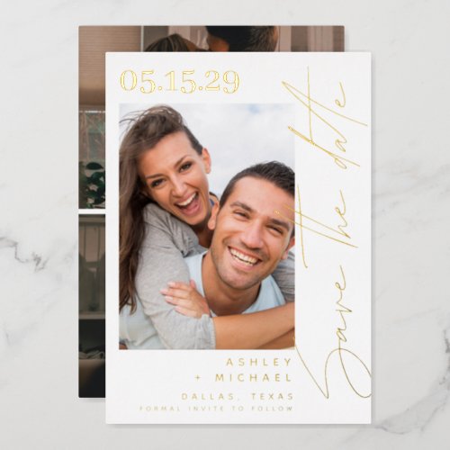 Modern Script Typography 3 Photo Save the Date Foil Invitation