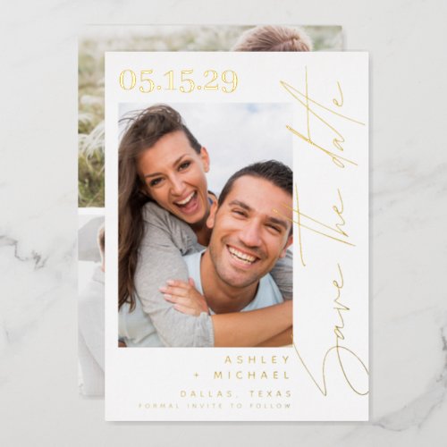 Modern Script Typography 4 Photo Save the Date Foil Invitation