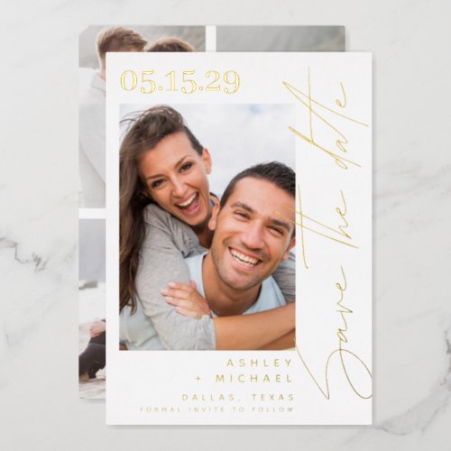 Modern Script Typography 5 Photo Save the Date Foil Invitation