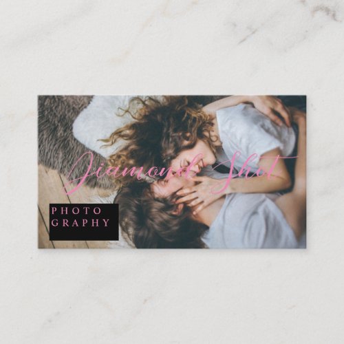 Modern Script typography Black and Pink Photo Business Card