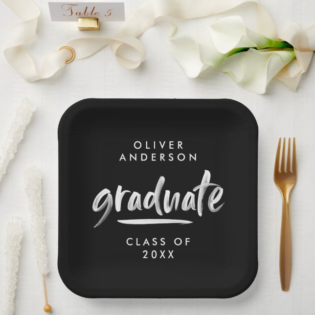 Modern script typography black graduation paper plates (Wedding)