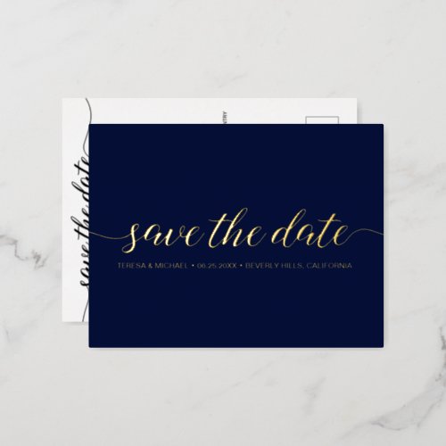 Modern Script Typography Blue Gold Wedding Foil Invitation Postcard