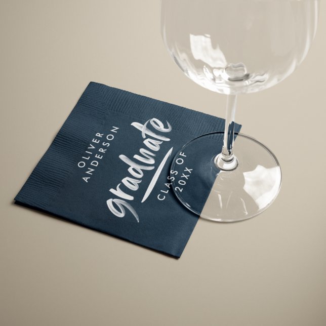 Modern script typography blue graduation party paper dinner napkins (Creator Uploaded)