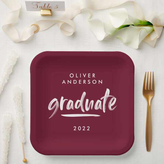Modern script typography burgundy graduation paper plates (Wedding)