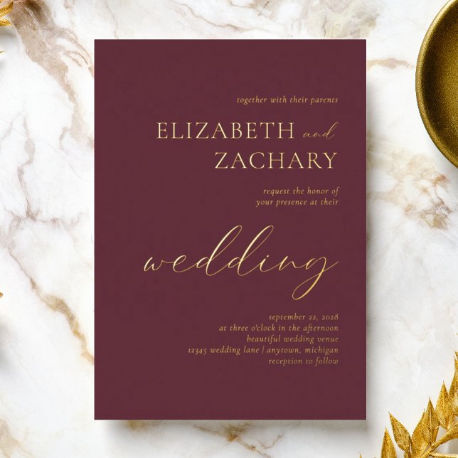 Modern Script Typography Burgundy Wedding Foil Invitation (Creator Uploaded)