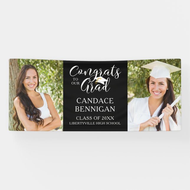Modern Script Typography CONGRATS GRAD Photo Black Banner (Horizontal)