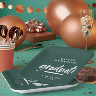 Modern script typography green graduation paper plates