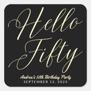 Modern Script Typography Hello Fifty Black Gold Square Sticker