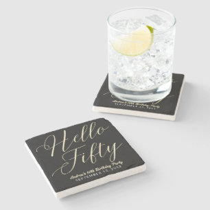 Modern Script Typography Hello Fifty Black Gold Stone Coaster