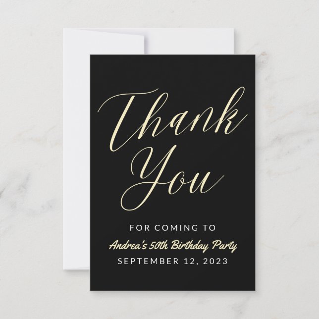Modern Script Typography Hello Fifty Black Gold Thank You Card (Front)