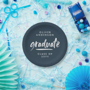 Modern script typography navy blue graduation clas paper plates