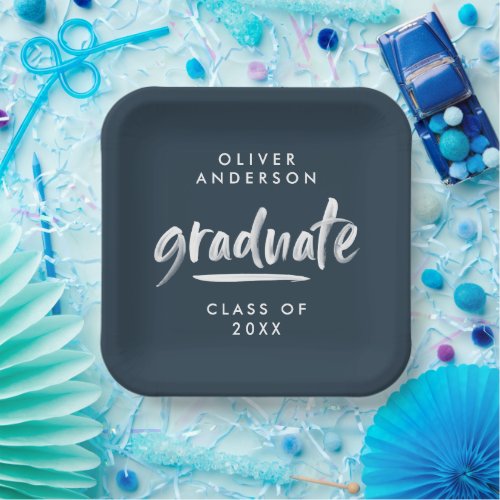 Modern script typography navy blue graduation clas paper plates