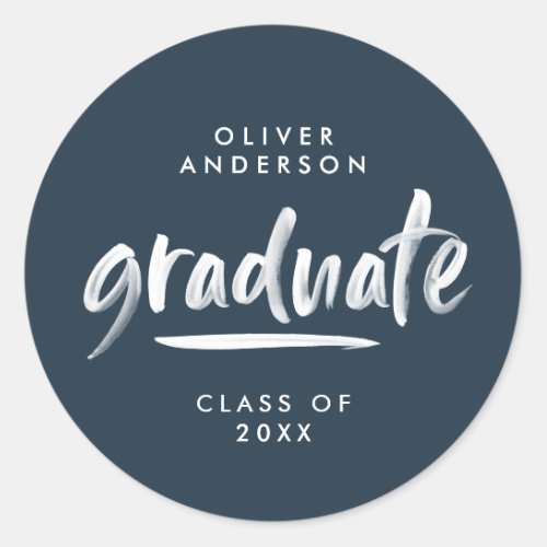 Modern script typography navy blue graduation classic round sticker