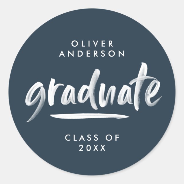 Modern script typography navy blue graduation classic round sticker (Front)