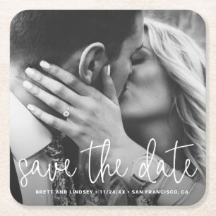 Modern Script Typography Photo Save the Date Square Paper Coaster