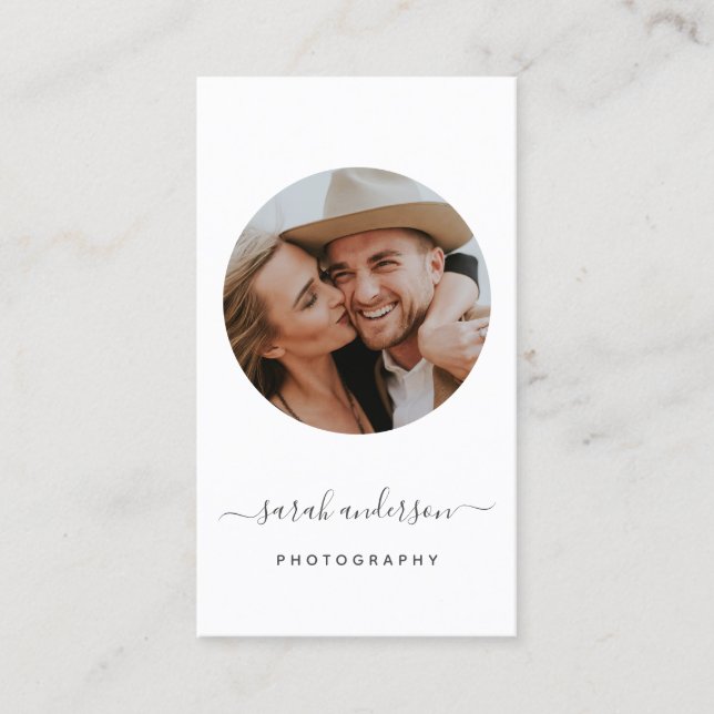 Modern Script Typography Photographer Circle Business Card (Front)