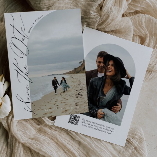 Modern Script Typography | QR Code Half Arch Photo Save The Date (Creator Uploaded)
