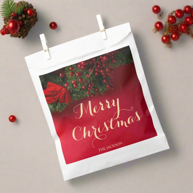 Modern Script Typography Red Merry Christmas   Favor Bag (Creator Uploaded)