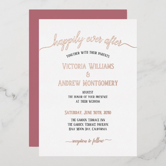 Modern Script Typography Rose Gold Wedding Foil Invitation (Front/Back)
