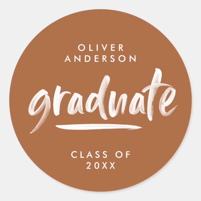 Modern script typography terracotta graduation classic round sticker (Front)