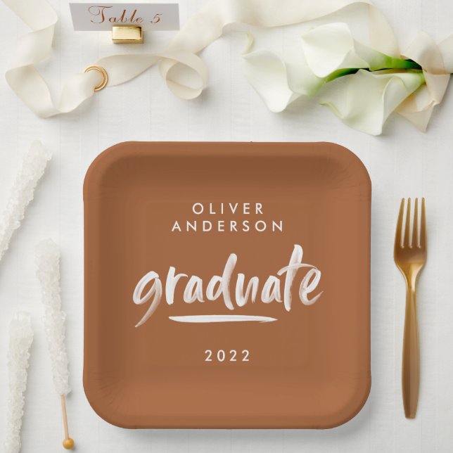 Modern script typography terracotta graduation paper plates (Wedding)