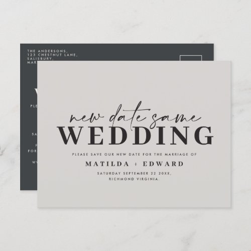 Modern script typography wedding change of date announcement postcard