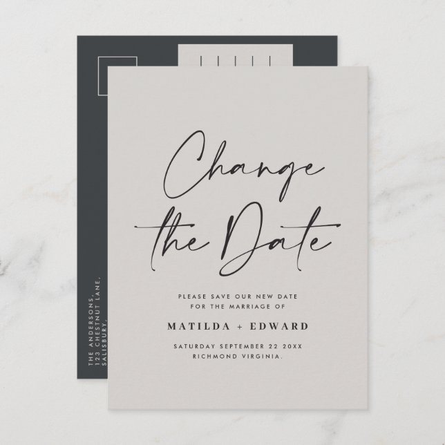 Modern script typography wedding change the date announcement postcard (Front/Back)