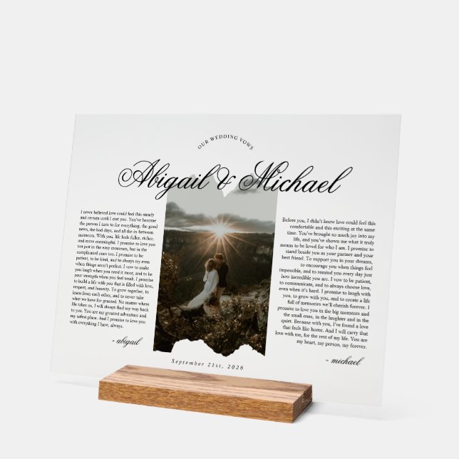 Modern Script Typography Wedding Vows w/ Photo Acrylic Sign (Angle)
