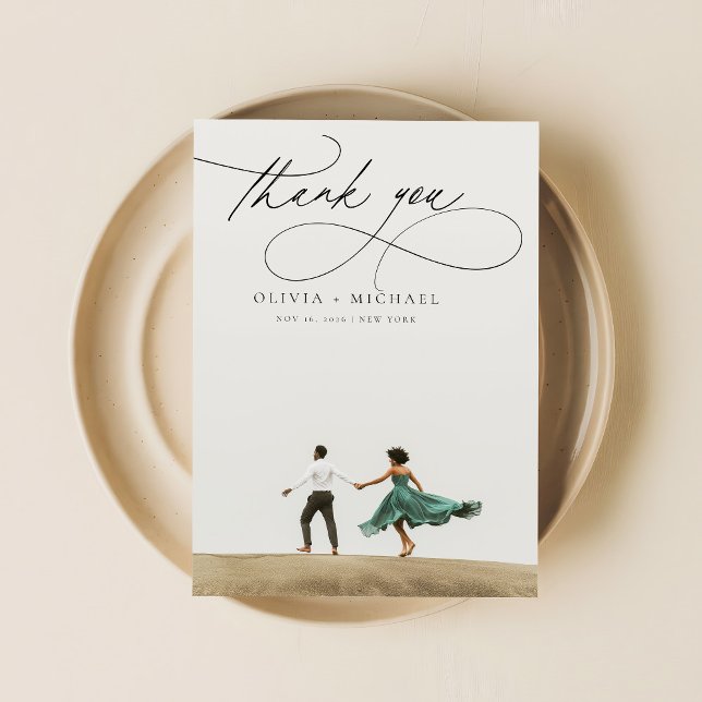 Modern Script Unique Minimalist Photo Wedding Thank You Card (Creator Uploaded)