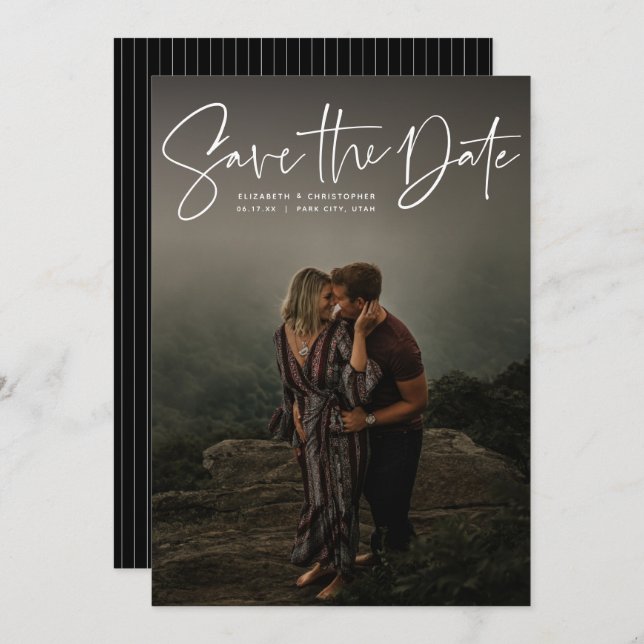 Modern script vertical photo save the date (Front/Back)