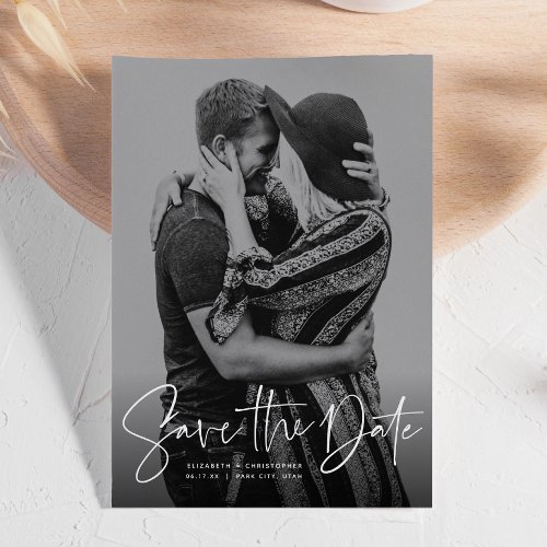 Modern script vertical photo save the date