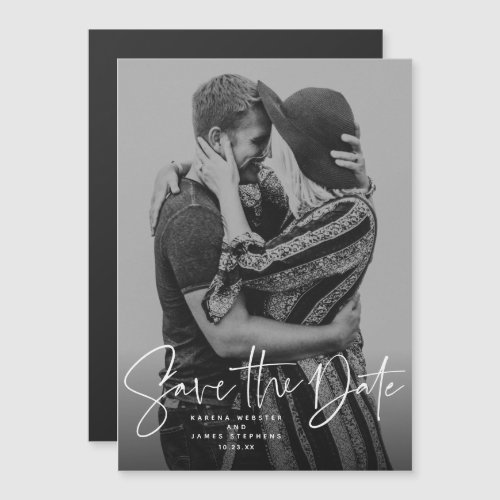 Modern script vertical photo save the date magnetic invitation