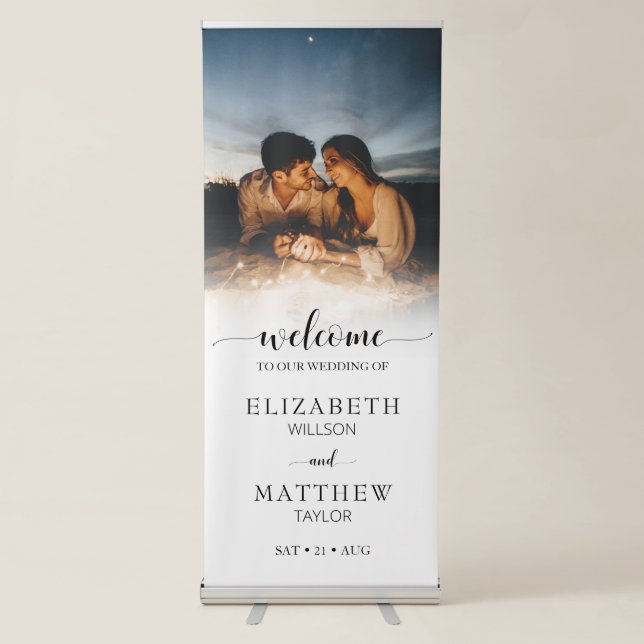 Modern Script Vertical Photo Wedding Welcome Retractable Banner (Front)