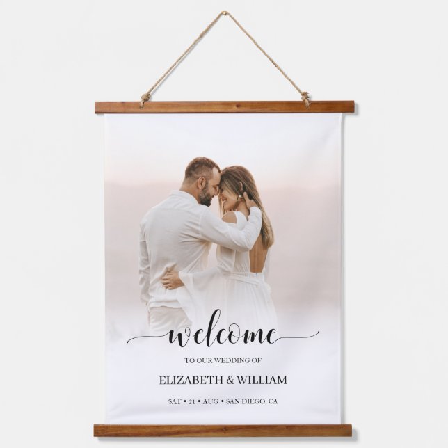 Modern Script Vertical Photo Wedding Welcome Sign Hanging Tapestry (Front)