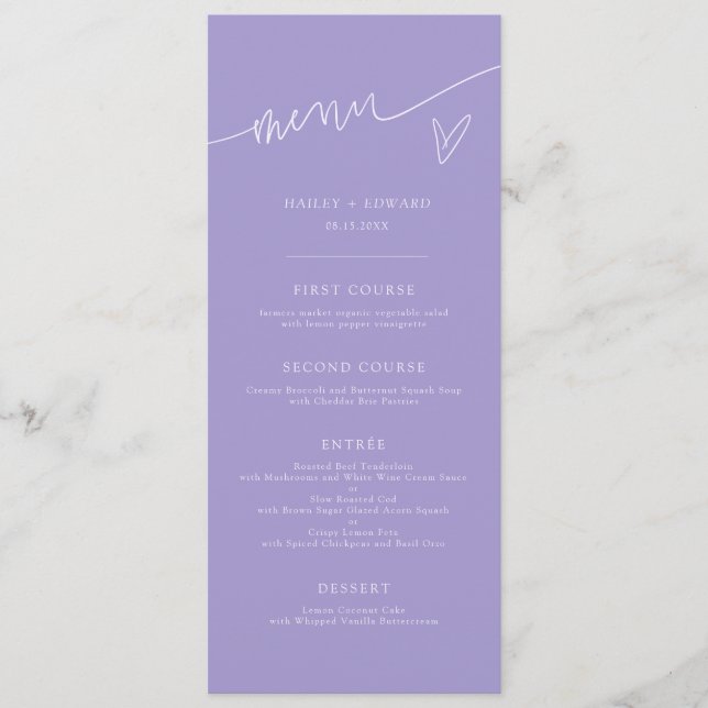 Modern Script Violet Wedding Menu (Front)