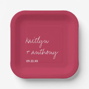 Modern Script Viva Magenta Minimalistic Wedding Paper Plates