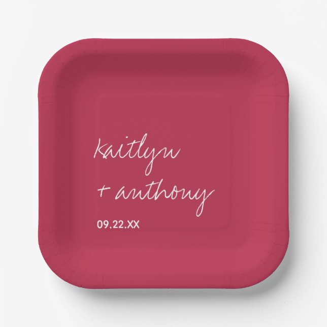 Modern Script Viva Magenta Minimalistic Wedding Paper Plates (Front)
