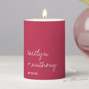 Modern Script Viva Magenta Minimalistic Wedding Pillar Candle