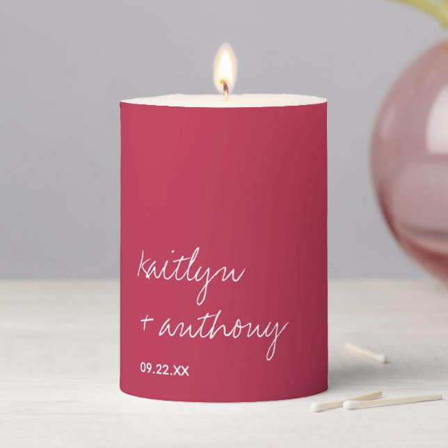Modern Script Viva Magenta Minimalistic Wedding Pillar Candle (In Situ)