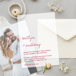 Modern Script Viva Magenta Minimalistic Wedding Vellum Invitations