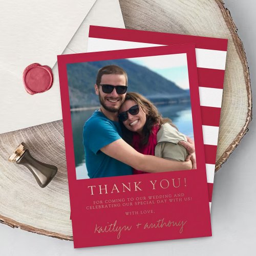 Modern Script Viva Magenta Wedding Photo Thank You Foil Invitation