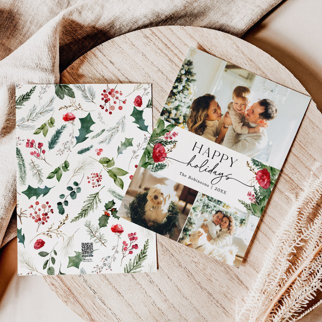 Modern Script Watercolor Botanical 3 Photo Holiday Card (Creator Uploaded)