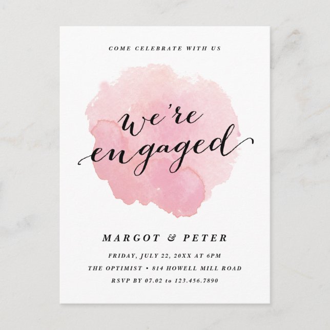 Modern Script Watercolor Engagement Party Invitation Postcard (Front)
