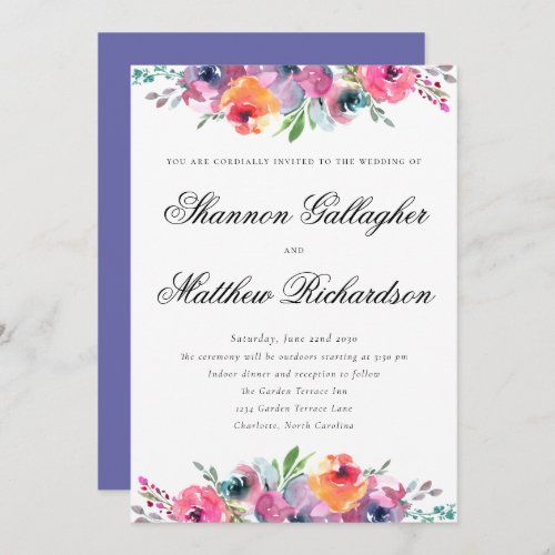 Modern Script Watercolor Floral Periwinkle Wedding Invitation