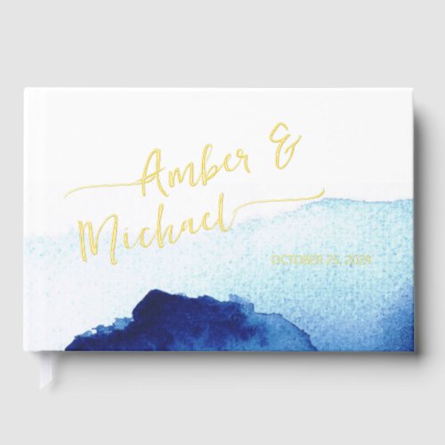 Modern Script Watercolor Indigo Blue Foil Guest Book